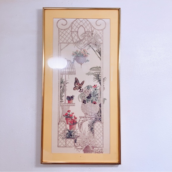 Vintage Framed Print 70's Boho Wicker Ferns Butterflies Sunroom William Tara